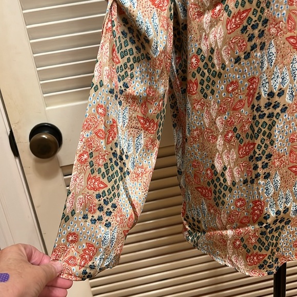 Loft Garden Cinched Sleeve Ruffle Tie Neck Mixed Media Top in Sandy Cove - Picture 6 of 16